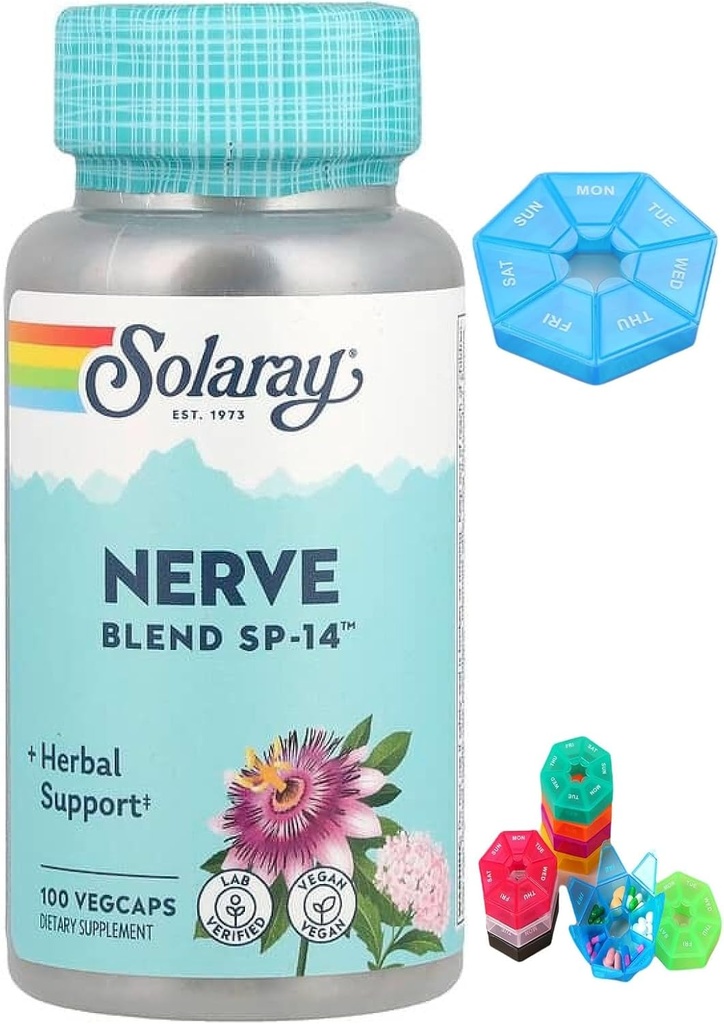 Fabriqué pour Solaray, Nerve Blend SP-14, 100 VegCaps + 1 Mini Pill Box pour 7 jours