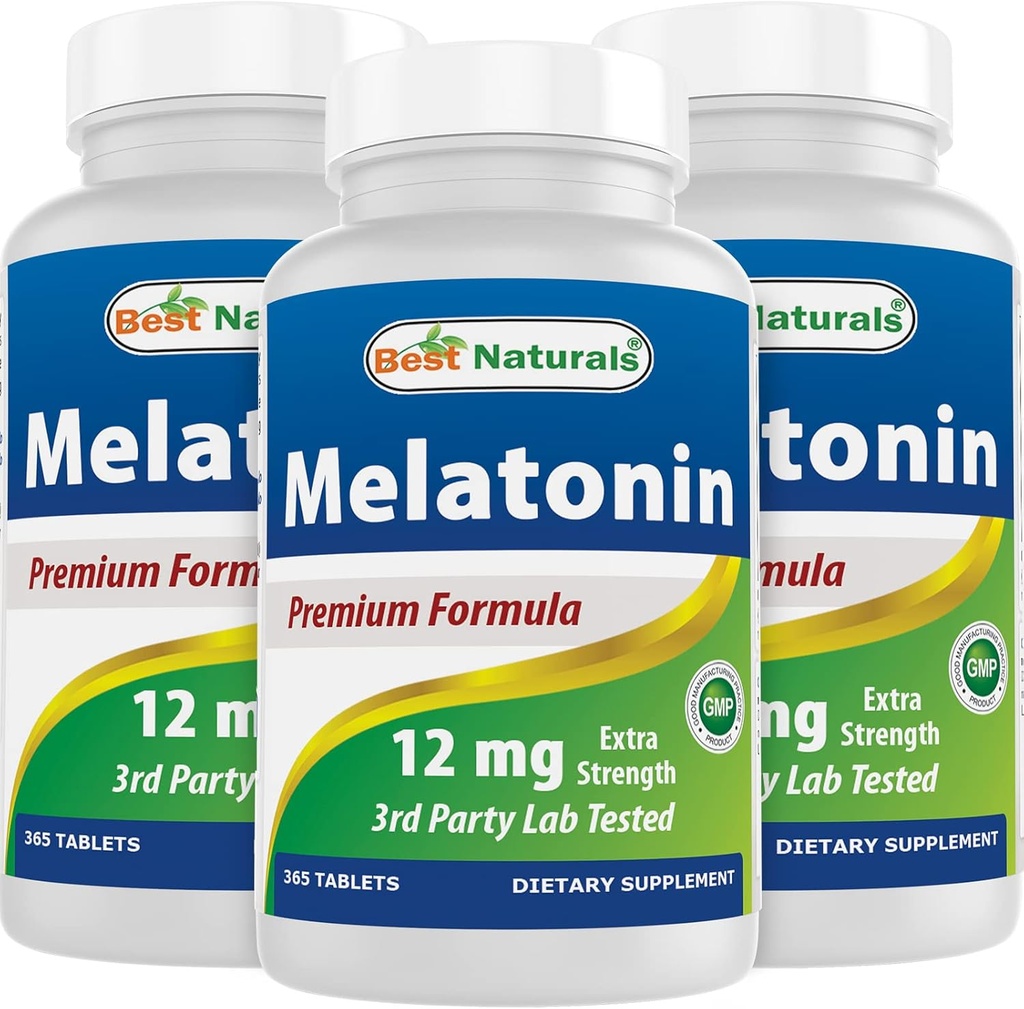 Meilleurs naturels Melatonine 12 mg (1 an d'approvisionnement) - Aide au sommeil de nuit sans médicament - Melatonine pour le sommeil et la détente, 365 Nombre (365 Nombre (paquet de 3))