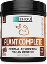 Poudre de protéines végétaliennes complète de Zhou Plant - Poudre de protéines végétales pour les femmes et les hommes, mélange de riz et de pois non laitiers pour les smoothies et les shakes, 21g de protéines par portion - chocolat, 17.7oz (16 portions)