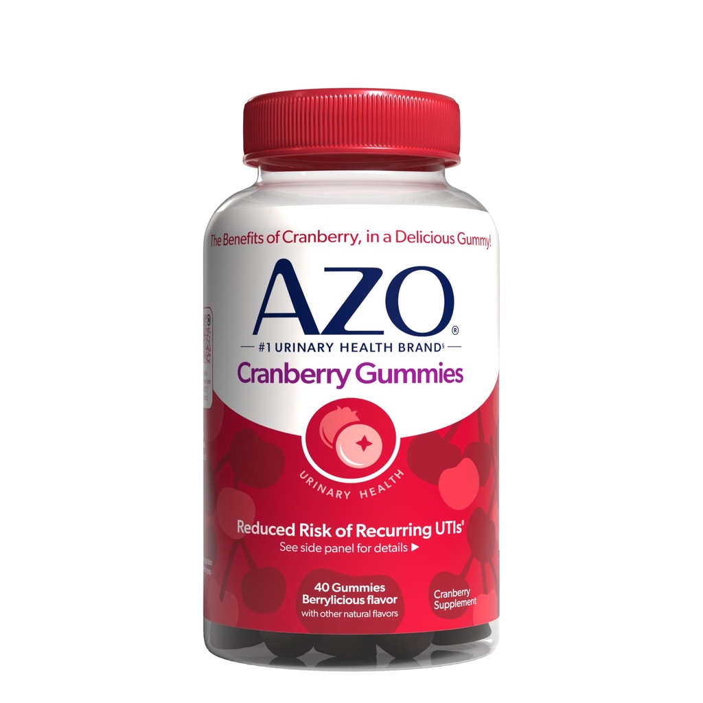 AZO Cranberry Urinary Tract Health Gummies Dietary Supplement 2 Gummies = Glass Cranberry Juice aide à nettoyer Protégez les gommies de saveurs naturelles Berrylicious, non-OGM, 40 comte