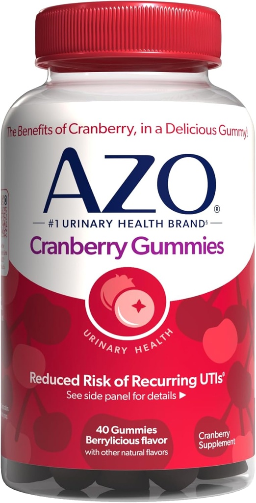 AZO Cranberry Urinary Tract Health Gummies Dietary Supplement 2 Gummies = Glass Cranberry Juice aide à nettoyer Protégez les gommies de saveurs naturelles Berrylicious, non-OGM, 40 comte
