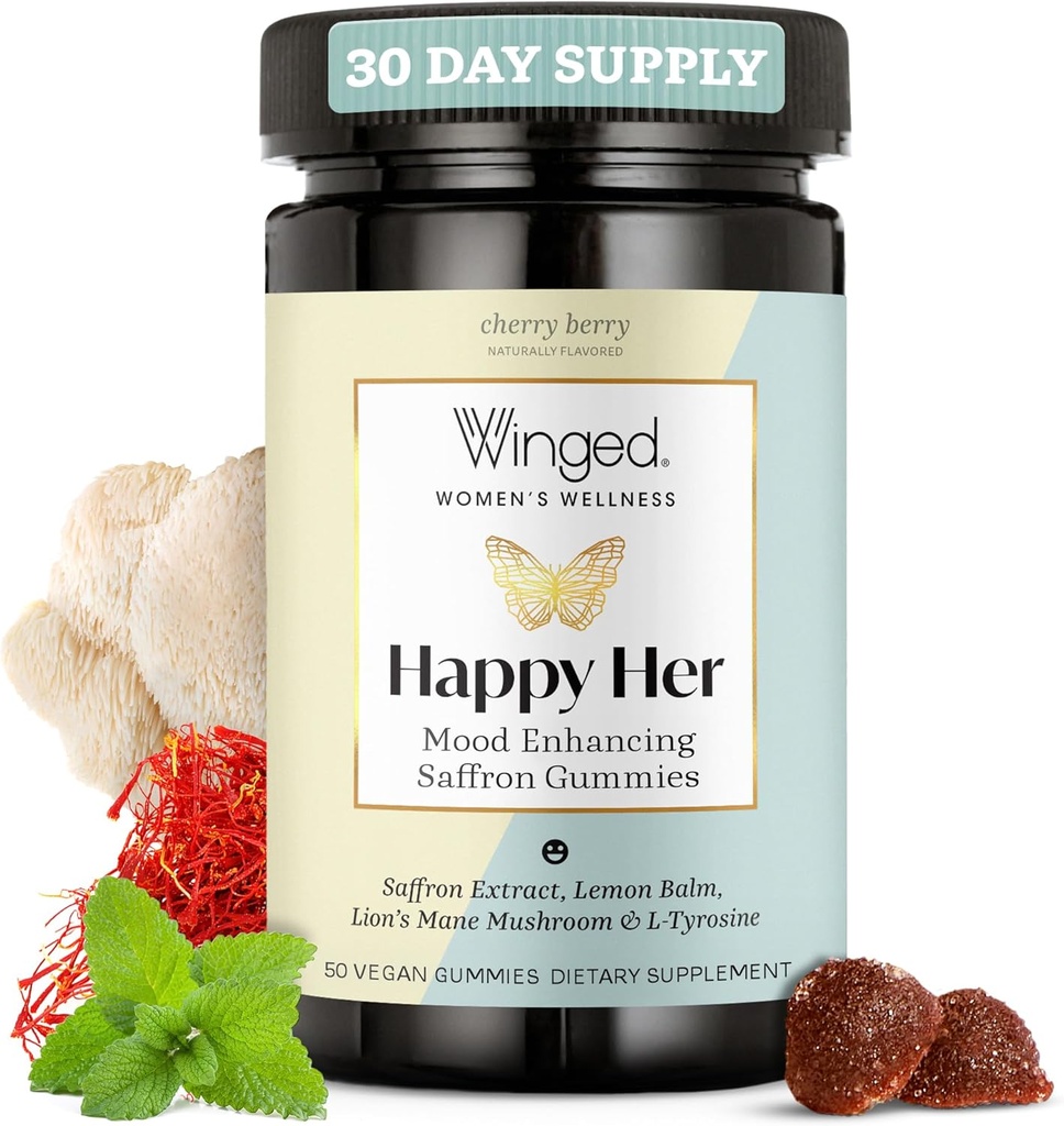 Winged Wellness Happy Her Mood Gummies - Supplément de soutien quotidien pour les femmes - Safran, Baume de citron, Vitamine D & Lions Mane Champignons pour l'équilibre et le repos - 50 Gummes végétaliens