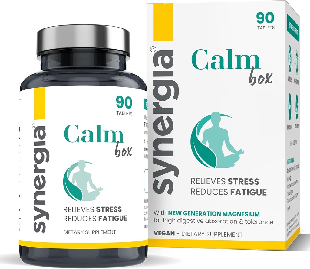 Synergia Calm Box - Complexe Magnésium et Vitamine B pour le stress et le soulagement de la fatigue - avec Magnésium Liposomale, Taurine et Arginine - Suppléments pour hommes et femmes