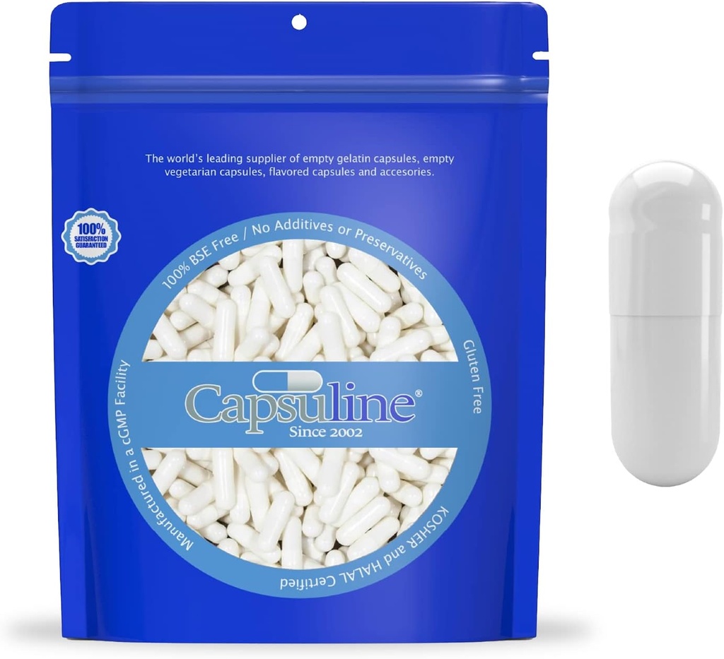 Capsuline Colored Taille 00 Capsules Vegan vides - 5000 Compte - Capsules de pilules Veggie vides - Garniture de capsules végétales bricolées - Bouchons vides - Certifiés kasher et halal - Non-OGM (Blanc)