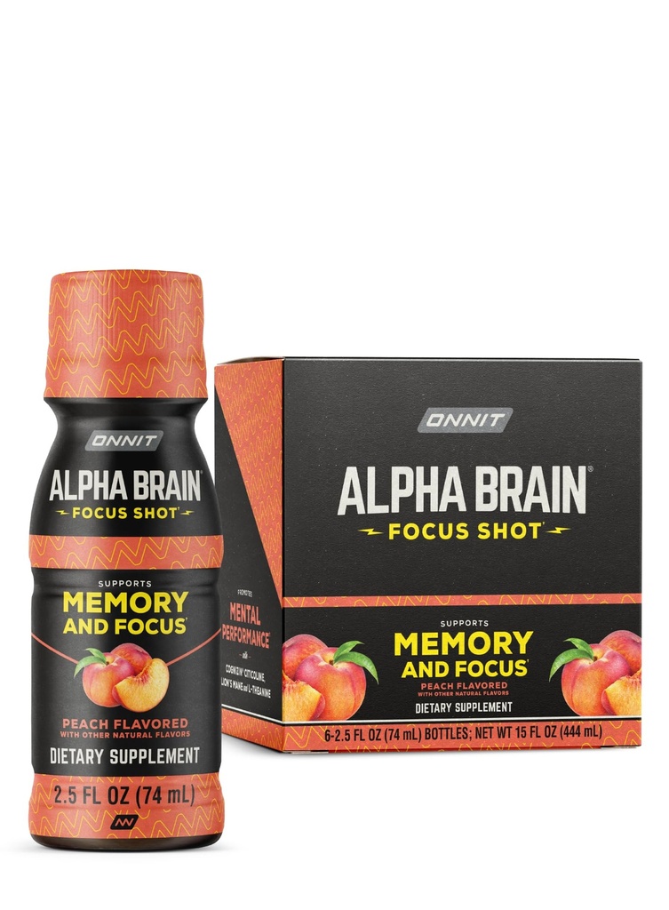 ONNIT Alpha Brain Focus Shot, Peach Flavor, Nootropic Dietary Supplément boisson qui soutient l'énergie, le focus et l'humeur, IGENTM non-OGM testé, 2,5 fl oz, 6 comte