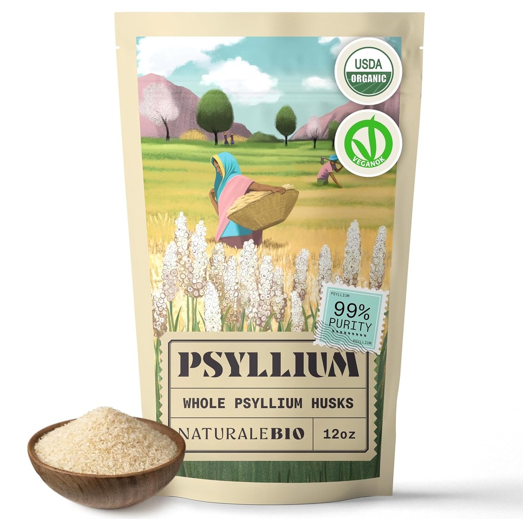NaturaleBio Psyllium Husk entier. 12 oz. 99% Pure Psyllium Seed Husks. Supplément fibre naturelle. Certifié biologique USDA. Produit en Inde. Sans gluten, Keto, Paléo, régimes végétaliens. Probiotiques