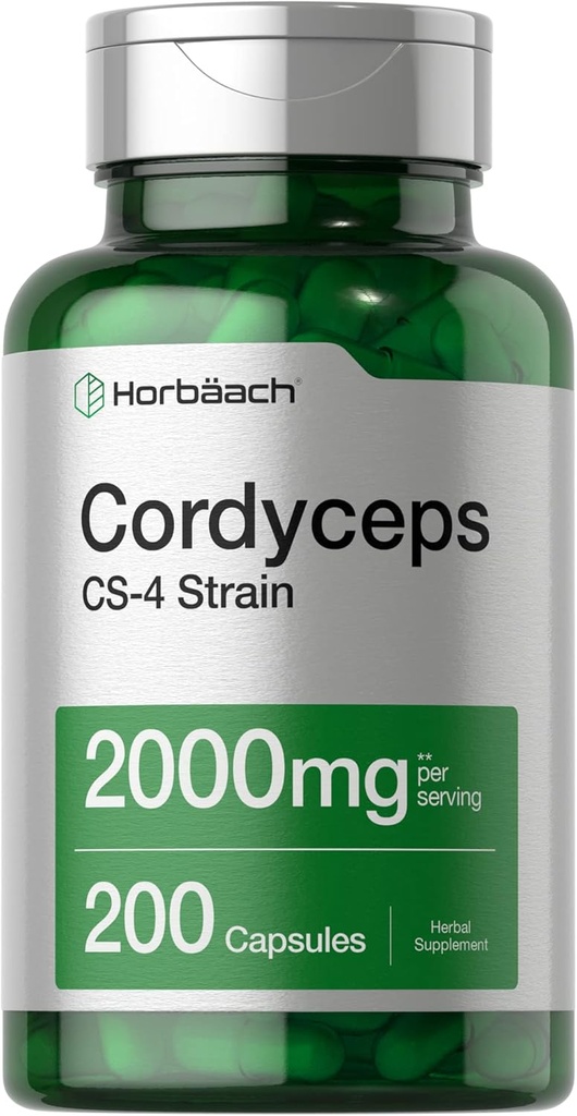Horbäach Cordyceps Mushroom Capsules 2000mg. 200 Count.