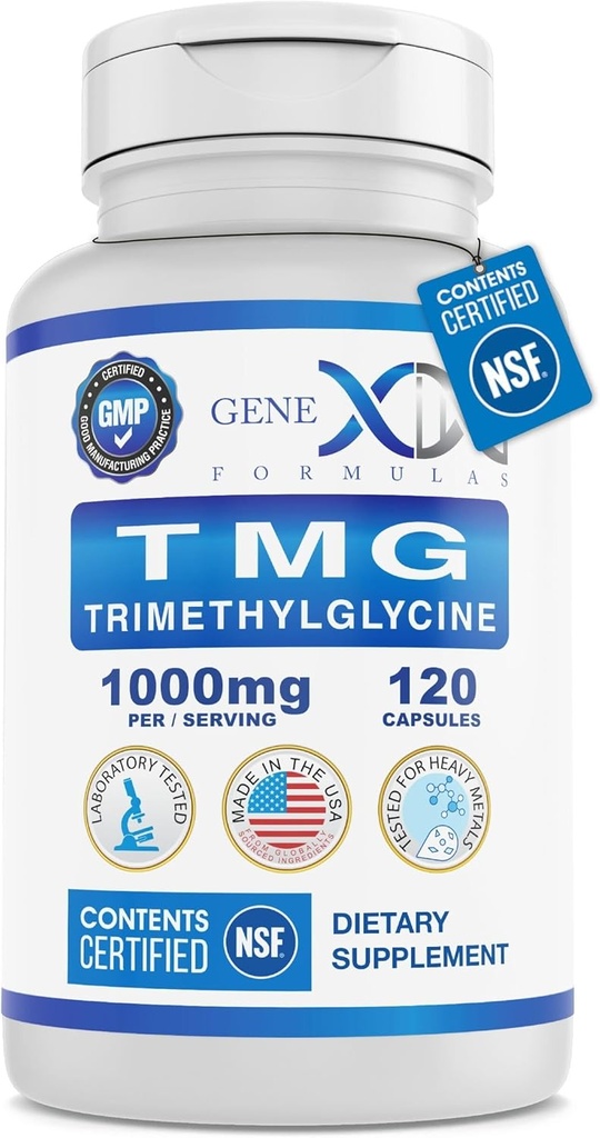 Formules Genex Supplément TMG 1000mg (120 Capsules) - NSF certifié pour la sécurité, la qualité et l'exactitude des étiquettes - Bétaine Anhydre Triméthylglycine - Supplément hépatique - Sans gluten et sans OGM - 30 jours d'approvisionnement