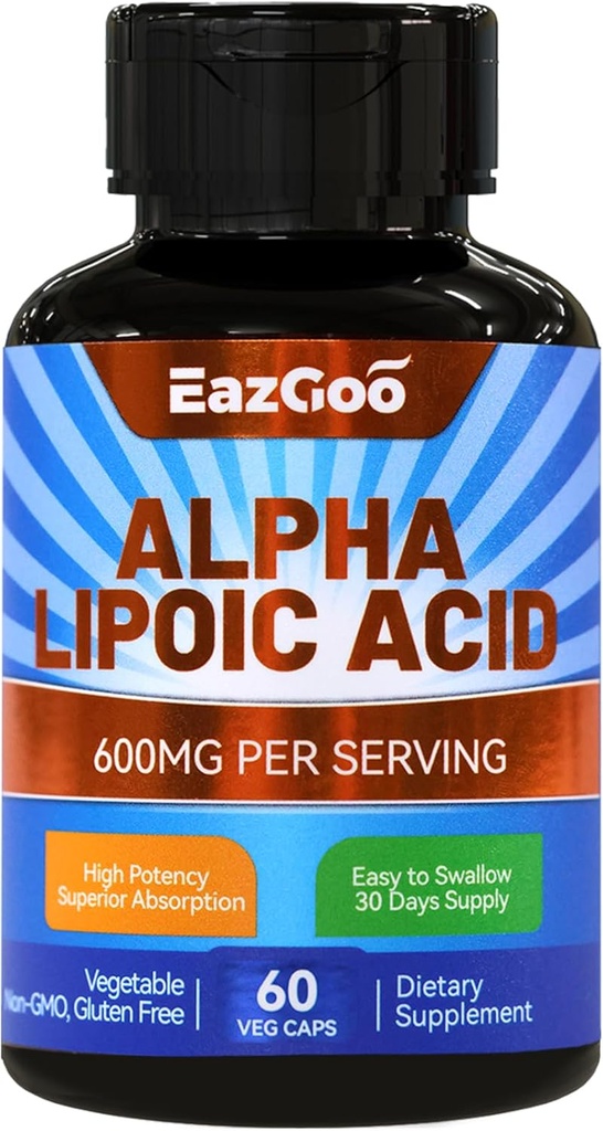 Supplément acide lipoïque alpha, acide lipoïque alpha 600mg par portion, végétalien, sans gluten, supplément ALA non-OGM, 60 capsules végétales