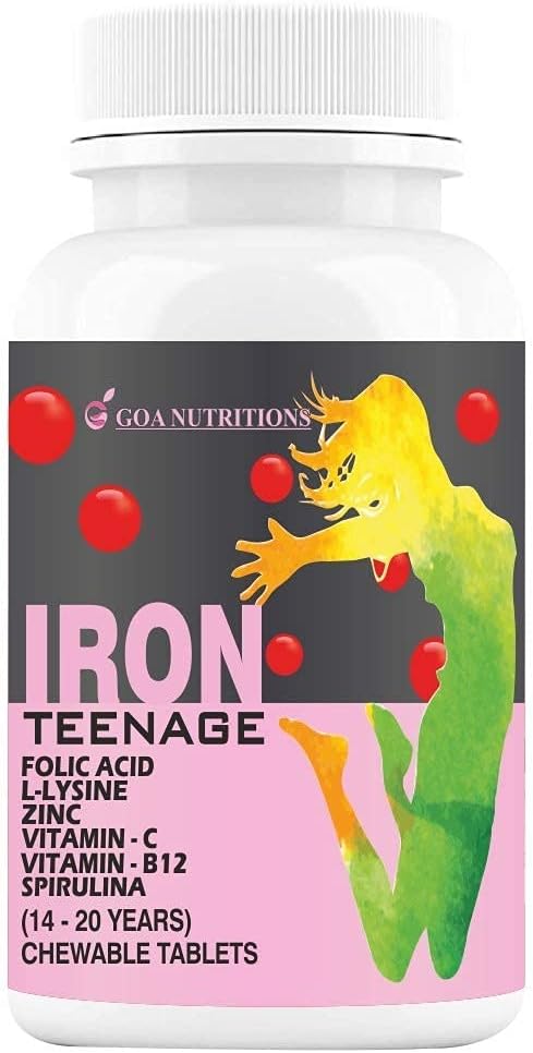 Comprimés de fer Viva générique avec vitamine acide folique C, B12, lysine, spiruline et suppléments de zinc comme constructeur d'Haemoglobin, amplificateurs d'immunité, énergie pour les adolescentes filles – 60 Chewables (paquet de 1)