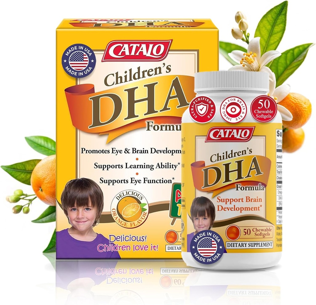 CATALO Suppléments d'huile de poisson de formule DHA pour enfants, Softgels à croquer, 200mg DHA par service, Oméga-3, Arôme Orange Naturel pour enfants, pour la fonction cérébrale et le développement des yeux, Facile à prendre, 50 Softgels