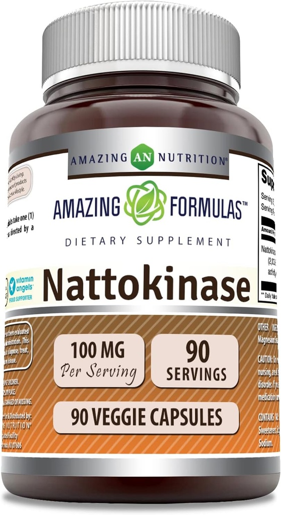 Formules étonnantes Supplément Nattokinase $ 100 Mg (Enzyme FU 2000 de Nattokinase Pure) $ 90 Capsules Veggie $ Non-GMO $ Sans gluten $ Fabriqué aux États-Unis