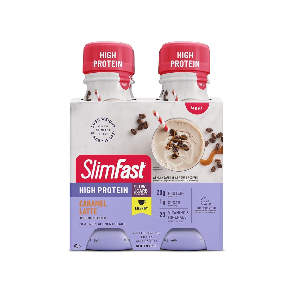 SlimFast Advanced Energy Caramel Latte Shake – Ready to Drink Meal Replacement – 20g of Protein, 11 fl. oz. Bottle, 4 Count (Packaging May Vary)