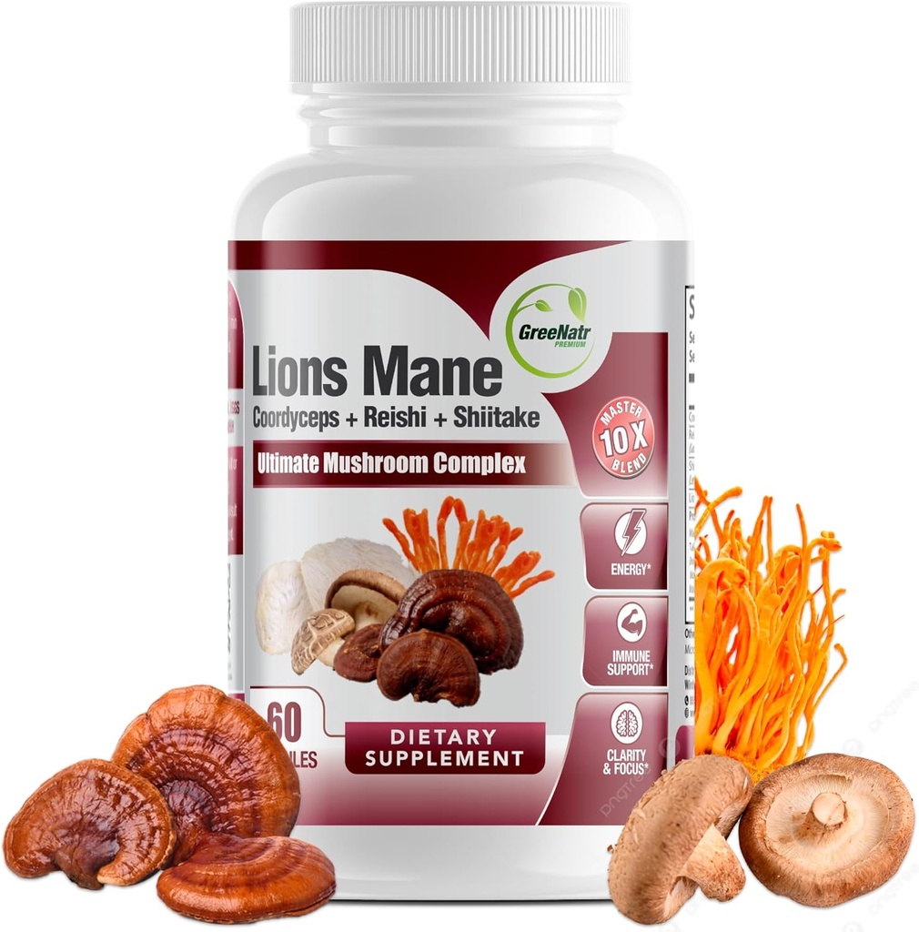 GreeNatr Complete Champignon Supplément -10 en 1 Complexe avec Manille de Lions, Cordyceps, Shiitake, Chaga, Turkey Tail pour le support immunitaire, mémoire, focus et booster l'énergie naturelle - 60 Capsules (1 bouteille)