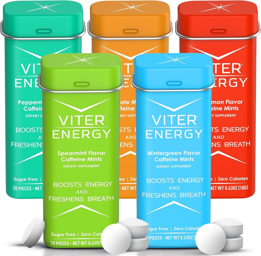 Viter Energy 40mg Menthes de caféine - Sans sucre, B Vitamines, végétaliens, stimule la mise au point rapide d'alerte, pilules de supplément nootrope caféiné (arômes de variety, 20pcs, 5 Pack, 100pcs Total)