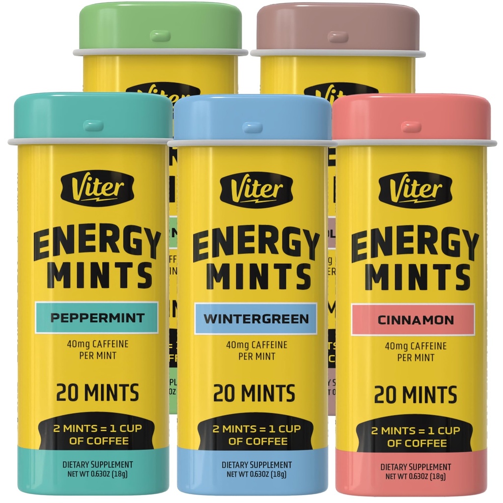 Viter Energy 40mg Menthes de caféine - Sans sucre, B Vitamines, végétaliens, stimule la mise au point rapide d'alerte, pilules de supplément nootrope caféiné (arômes de variety, 20pcs, 5 Pack, 100pcs Total)