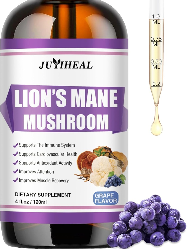 Lions Mane Liquid - Brain Support, Energy, Memory & Focus - Sugar & Alcohol-Free Lions Mane Supplement - 4 Fl OZ, 4 Month Supply, Grape Flavor