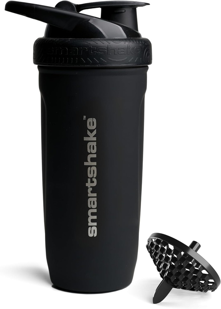 Smartshake Reforce Stainless Steel Protein Shaker Bottle - Non Insulated Unisex Gym Bottle | Metal Shaker Bottles - 900 ml | 30 oz - Leakproof Screw-On Lid - DEHP & BPA Free (Black)