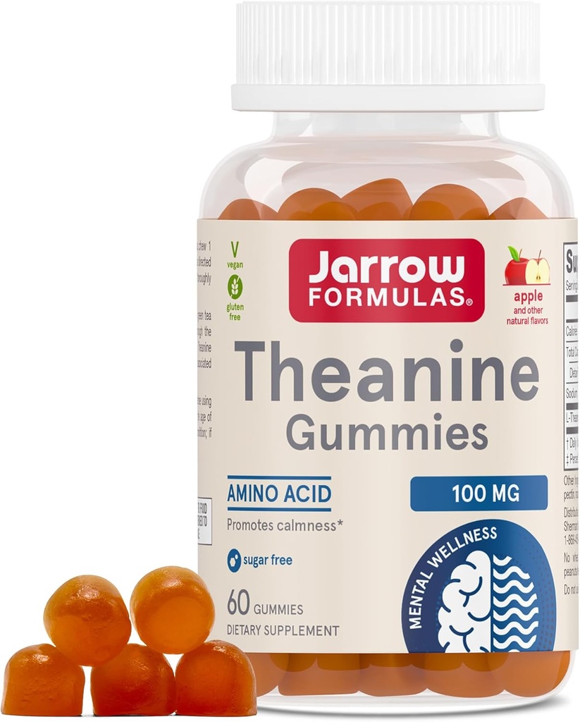 Jarrow Formulas® Theanine 100 mg Gommies, complément alimentaire qui favorise le calme, 60 Gommies aromatisées aux pommes, 60 jours d'approvisionnement