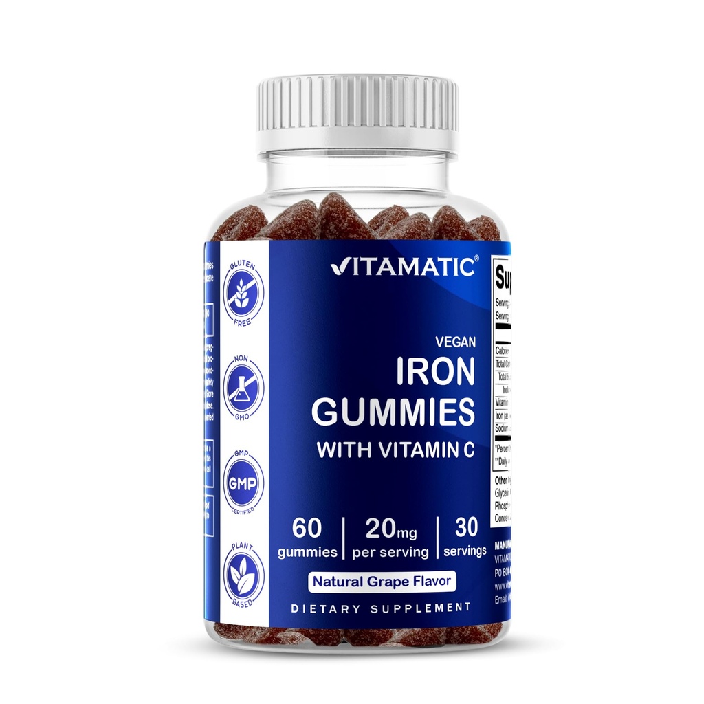 Supplément de Gommies de Fer Vitamatique pour les femmes et les hommes - 20mg Servir - 60 Gommies Vegan - Grande Dégustation de Vitamines Gommy de Fer avec Vitamine C (60 Compte (paquet de 1))
