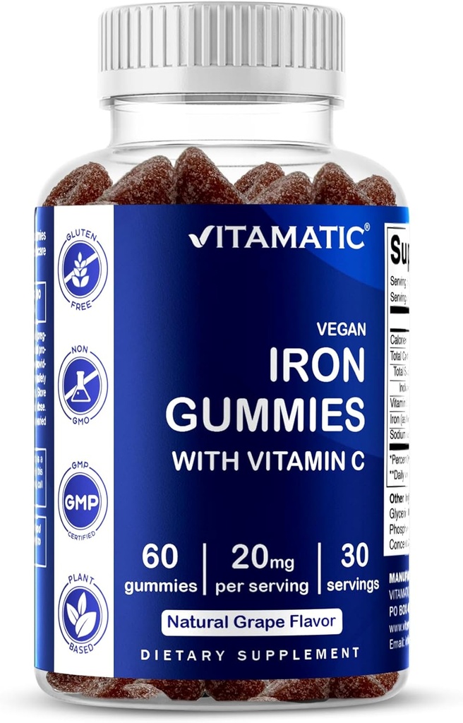 Supplément de Gommies de Fer Vitamatique pour les femmes et les hommes - 20mg Servir - 60 Gommies Vegan - Grande Dégustation de Vitamines Gommy de Fer avec Vitamine C (60 Compte (paquet de 1))