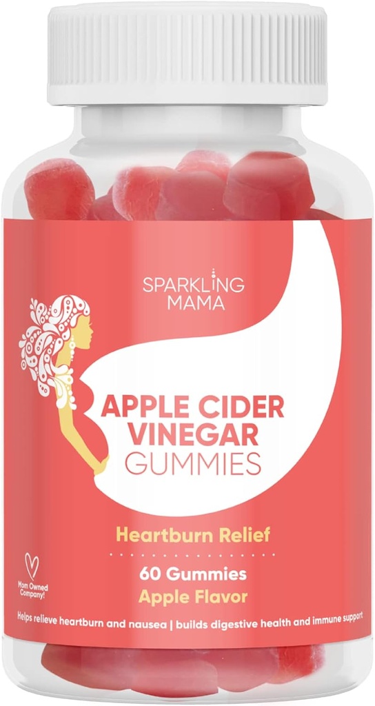 Sparkling Mama Apple Cider Vinegar Gummies | Apple Flavor, (Heartburn Relief +Morning Sickness, Muscle Cramps), 60 Gummies (2-Pack)