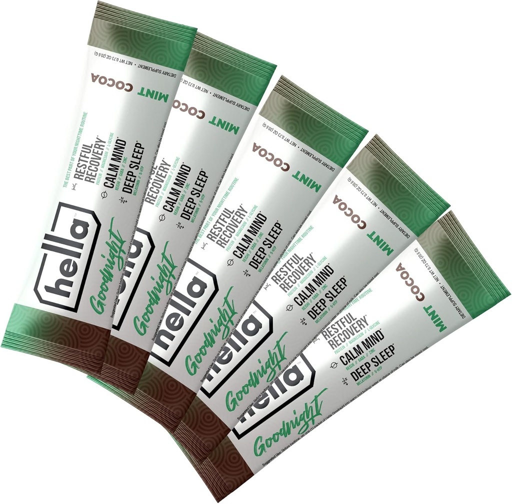 Hella Goodnight- Reposful Recovery, Melatonin Sleep Drink Mix avec Magnésium, 5-HTP, Reishi, GABA et Zinc, soutient la relaxation nocturne, l'asleep en chute et l'asleep de séjour, la menthe de cacao