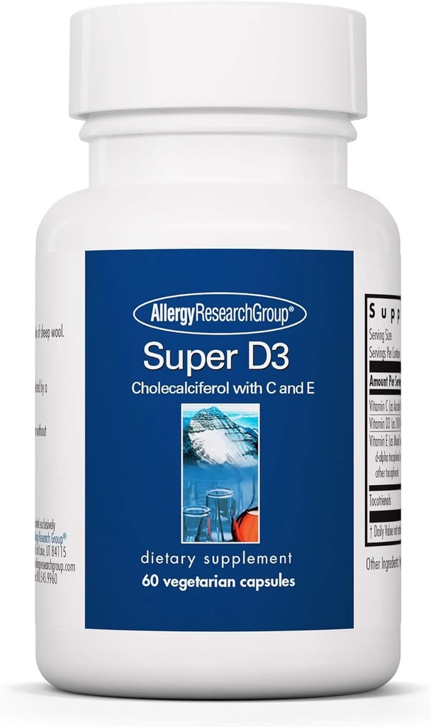 Allergy Research Group Super D3 Dietary Supplement - Bone & Immune Support, Cholecalciferol avec C & E, Capsules végétariennes, Sans gluten - 60 Compte