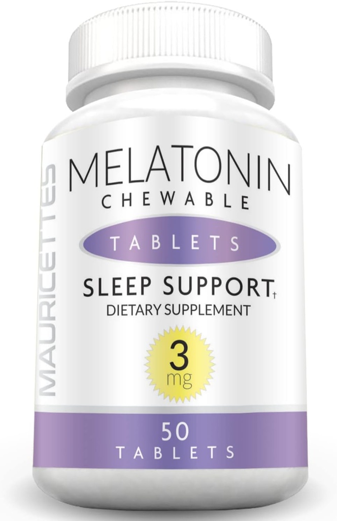 Mauricettes Mélatonine naturelle 3mg Comprimés à mâcher - Actif rapide 3 mg Pilules de couchage pour les enfants, les adolescents et les adultes, non aromatisé, non addictif, aide au sommeil dissolvable, 50 Chewables