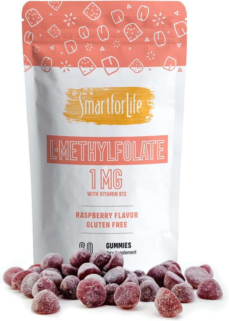 Smart for Life Gommies L-méthylfolate avec vitamine B12 Arôme framboise - 1mg - 60 Gommies - Folate actif 5 MTHFR Supplément de soutien Force professionnelle - Folate de méthyle conçu par le docteur