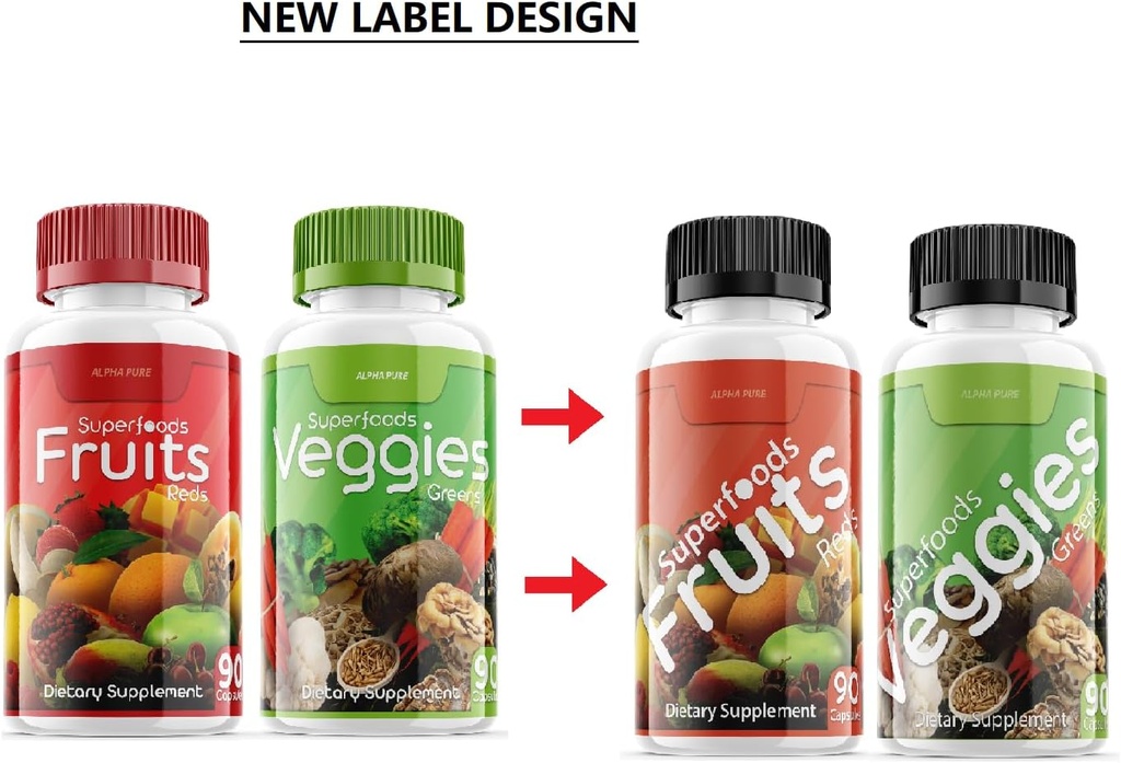 Superfoods Rouges Fruits et Verts 180 Capsules Légumes Fruits et légumes Superfood.Équilibre naturel de 90 Capsules de fruits, 90 Capsules de légumes pour hommes, femmes Vitamines et minéraux
