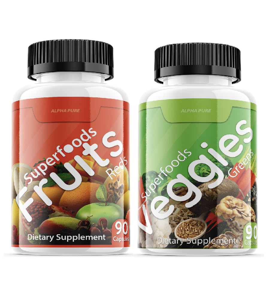 Superfoods Rouges Fruits et Verts 180 Capsules Légumes Fruits et légumes Superfood.Équilibre naturel de 90 Capsules de fruits, 90 Capsules de légumes pour hommes, femmes Vitamines et minéraux