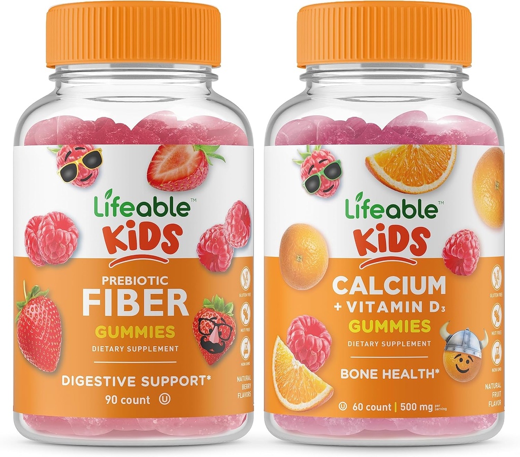 Fibre prébiotique vivace enfants + calcium avec la vitamine D enfants, Gommies Bundle - Grande dégustation, supplément de vitamine, sans gluten, sans OGM, gommy à croquer