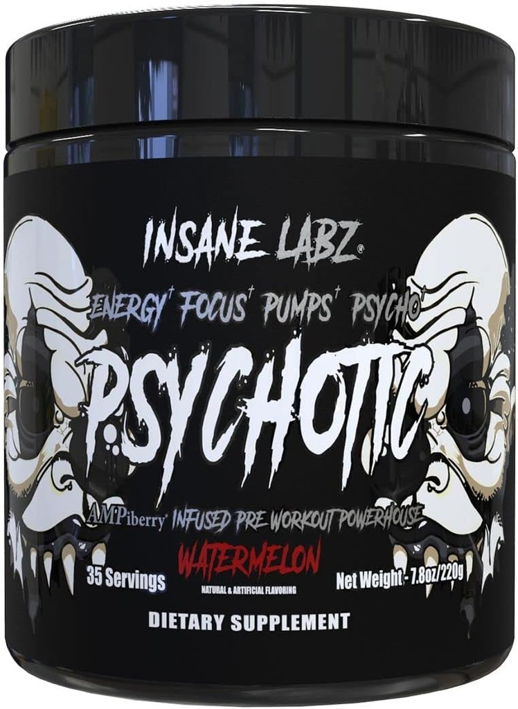 Insane Labz Psychique Black Edition Mid Stimulant Pre Workout Powder, Energy Focus Pompes, Charged with Creatine Beta Alanine Taurine Carburant par AMPiberry, 35 Serviettes (Watermelon)