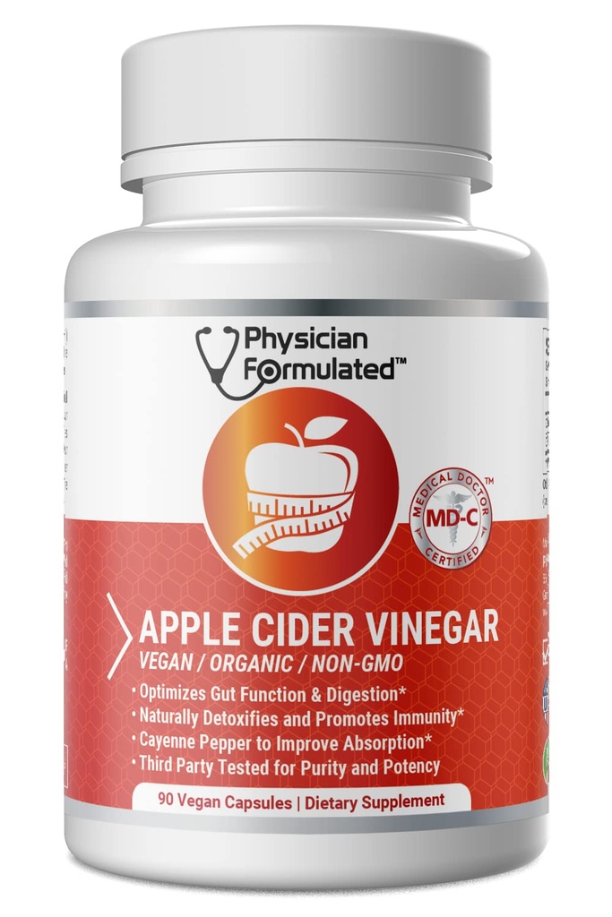 Capsules de vinaigre de cidre de pomme 100% bio 750mg en seulement 1 Pill Pure Raw Apple Cider Vinegar avec poivre Cayenne pour désintoxication naturelle, rapide et nettoyage - 90 Capsules