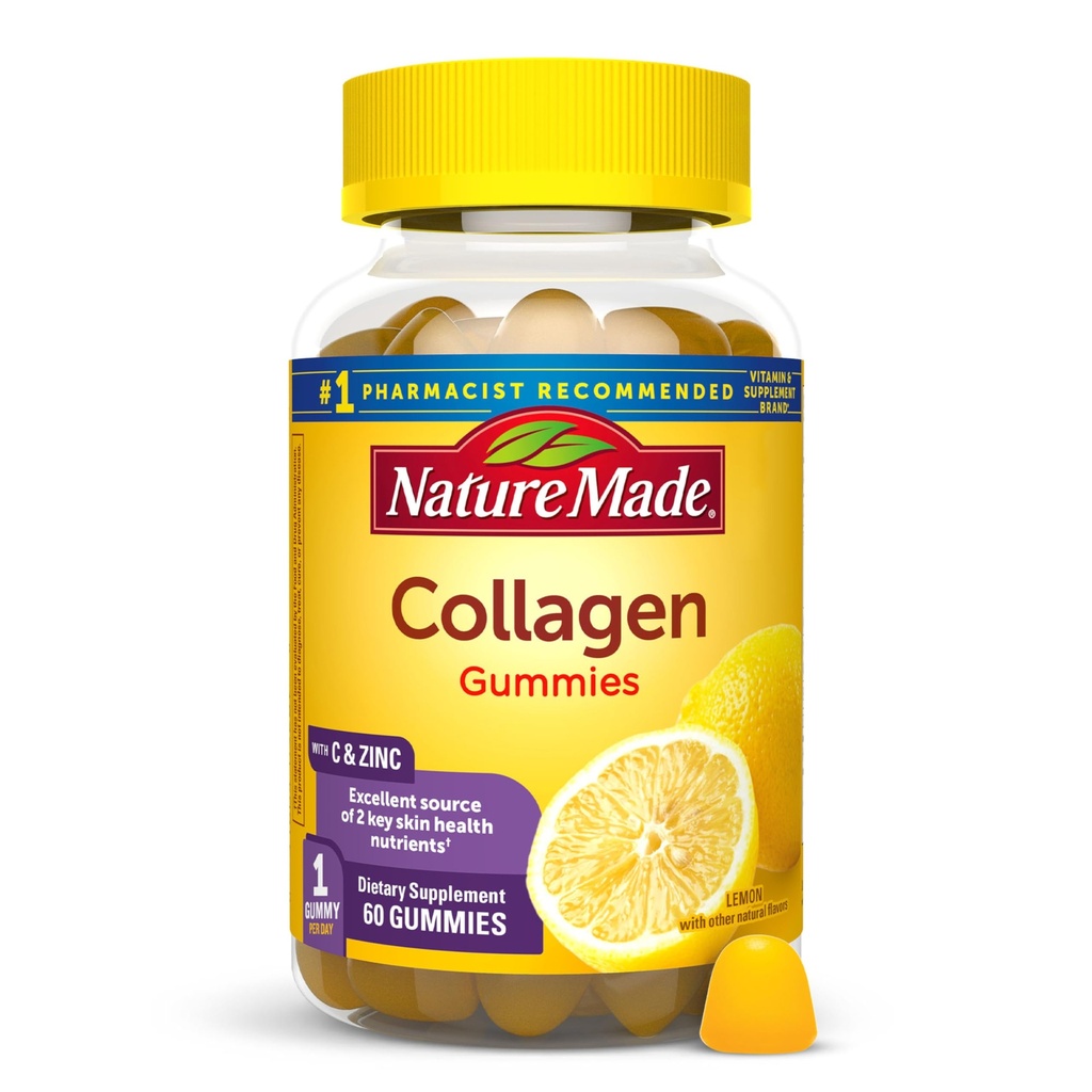 Gommies de collagène faites de la nature avec vitamine C, zinc et biotine, supplément de collagène hydrolysé Peptides pour un soutien de la peau sain, 60 gommies, 60 jours d'approvisionnement