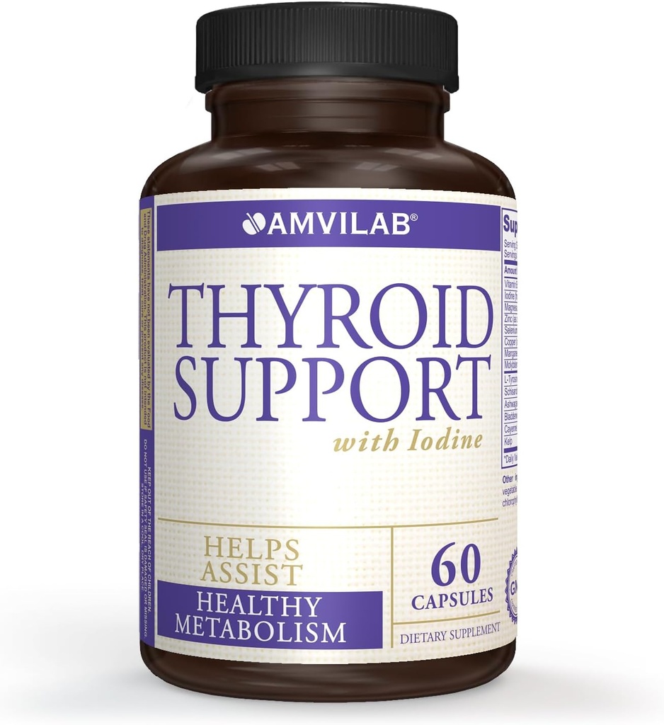 Support thyroïdien avec l'iode, vitamine B12 et 12 autres ingrédients essentiels – Thyroïde sain, vie heureuse. Revitaliser le métabolisme, l'énergie et la santé cognitive. 60 gélules