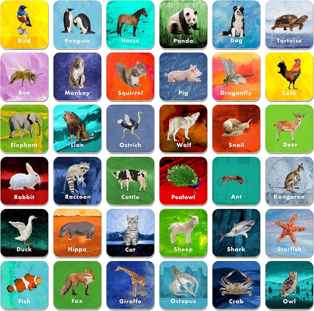 Hebayy 36 Pair Animal Matching Game Flash Cards Erasable (Each Measures 2” X 2”)