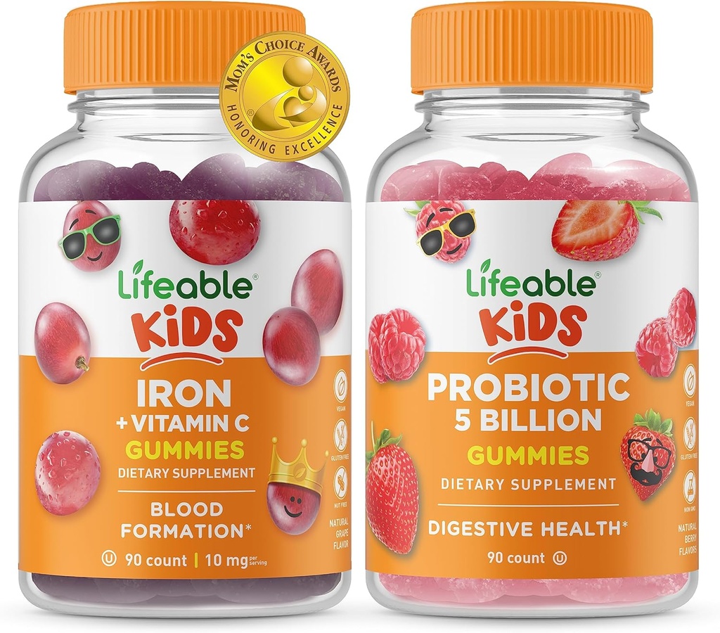 Fer et vitamine C vieables enfants + probiotiques 5 milliards d'enfants, bundle de gommes - Grande dégustation, supplément de vitamine, sans gluten, sans OGM, gomme à mâcher