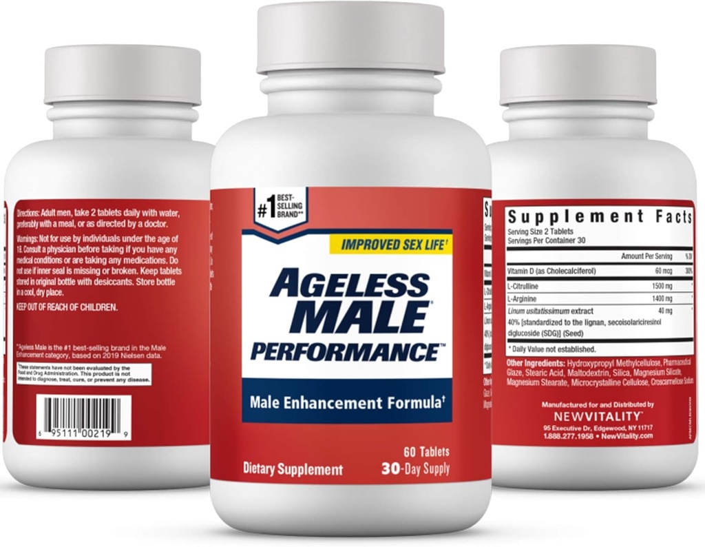 Ageless Male Performance Nitric Oxide Booster for Men - Promote Blood Circulation, Arousal, Energy Production, Drive, Stamina, Health Supplement (60 Tablets, 1 Bottle)