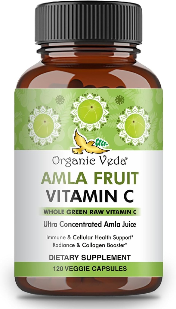 Organic Veda Amla Fruit Capsules, 20 X Concentré Amla Berry Extrait de jus Supplément de vitamine C naturelle - Potent Antioxydants, Immunité, Radiance cutanée - Végétalien Vitamine C Amla Poudre Capsule 120