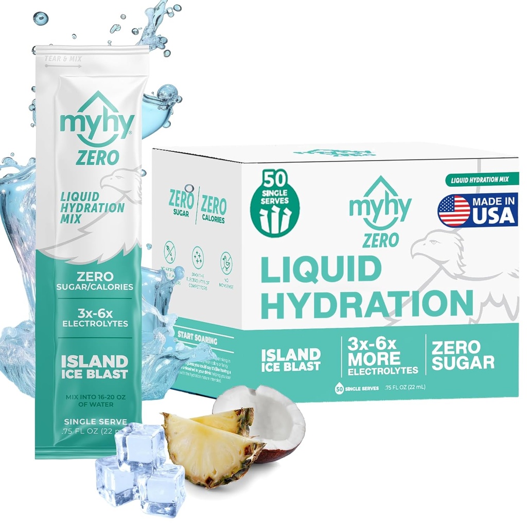 Packs d'hydratation liquide MyHy ZERO, mélange de boissons électrolytes sans sucre pour le soutien de l'hydratation, soulagement de la déshydratation pour les voyages, la grossesse, la condition physique, Bachelor & Bachelorette Party – Ice Island, 50 Comte