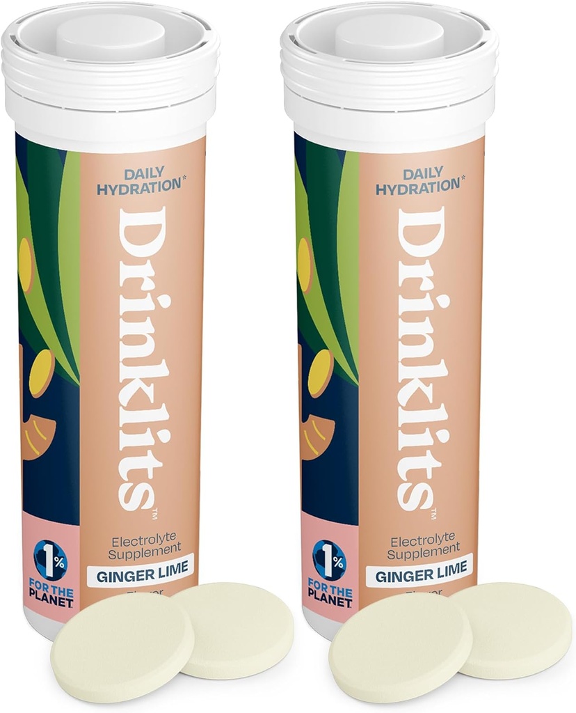 Drinklits Ginger-Lime Comprimés quotidiens d'hydratation (2) Mélange de tubes avec du gingembre biologique – 0g de sucre – électrolytes essentiels – 20 portions - 10 comprimés par tube