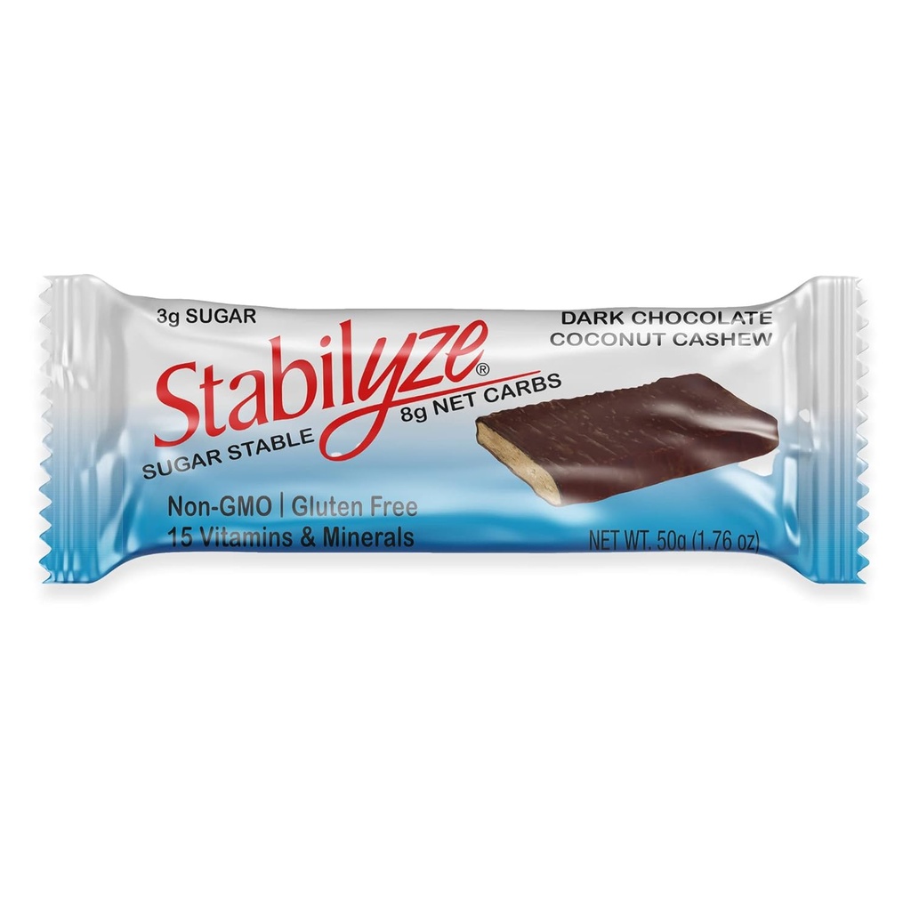 Barres de nutrition Stabilyze, noix de coco au chocolat foncé, barres de remplacement de repas kéto avec 15 vitamines et minéraux essentiels, sans gluten, sans OGM, faible teneur en glucides, emballées individuellement (12 paquets)