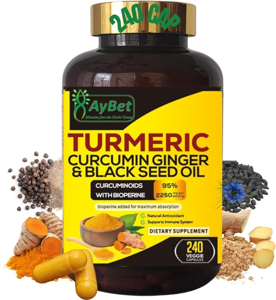 World 1st.Turmeric Curcumin Ginger&Black Seed Oil, 240 Caps, 2250mg, 95% Curcuminoids, BioPerin Added, Extra Strength, Organic, Halal, Vegan, Support Immune System, Antioxidant, Joint Support