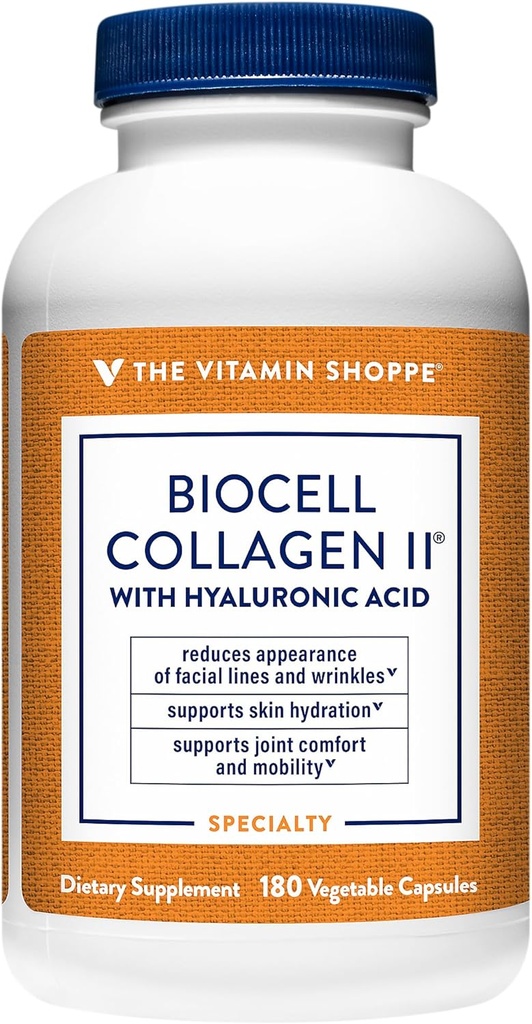 La Vitamine Shoppe Biocell Collagen II avec l'acide hyaluronique 1000mg - favorise la santé de la peau, des articulations et du cartilage - soutient l'hydratation et l'élasticité - pour le bien-être quotidien (60 capsules végétales)