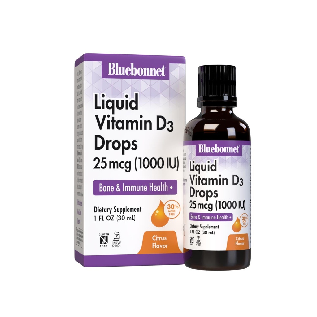 BlueBonnet Vitamine D3 1000 UI 25mcg Bones fortes et supplément de soutien immunitaire - Vitamines liquides pour les femmes et les hommes - Lanoline VIT D gouttes avec huile MCT - Non-OGM, Végétarien - Citrus Flavor - 1 Fl Oz