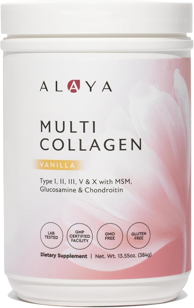 Alaya poudre multicollagène - Type I, II, III, V, X poudre hydrolysée de peptides de collagène avec MSM + GC (Vanilla)