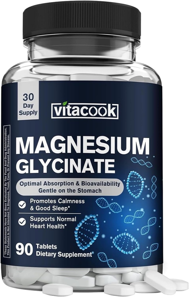 Glycinat de magnésium 300 mg, Calme naturel, Hydratation saine et soutien cardiovasculaire, puissance élevée et ultra-absorbable, non tamponné, non OGM, 90 comprimés