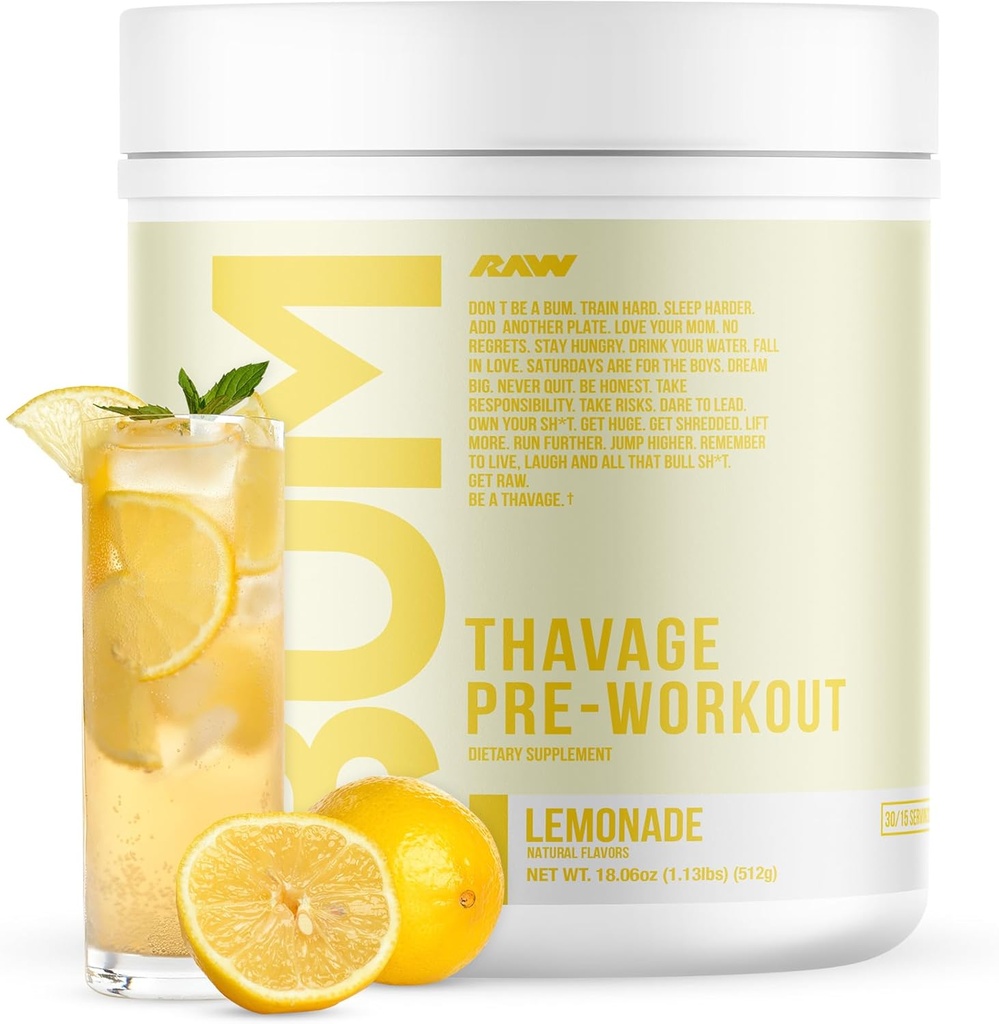RAW Pre Workout Powder, Thavage (Lemonade) - Chris Bumstead Sports Supplément nutrition pour les hommes et les femmes - Cbum Pre Workout pour travailler dehors, l'hydratation, la concentration mentale et l'énergie - 40 services